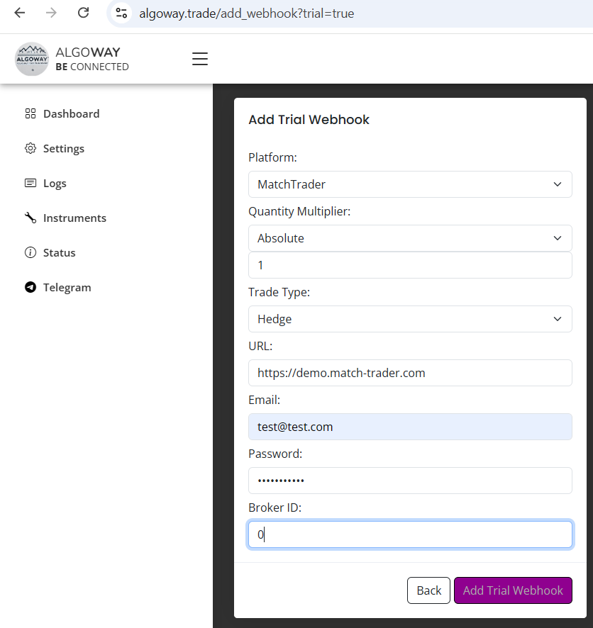 Adding a new webhook on AlgoWay